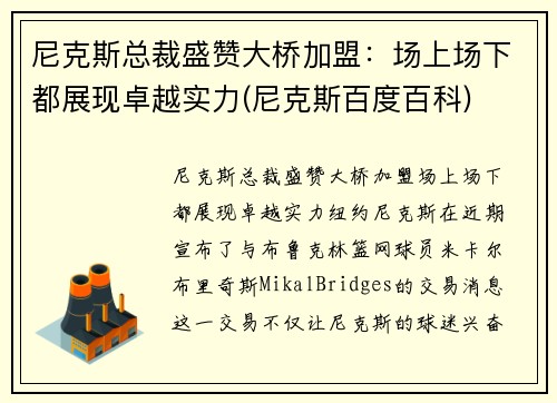 尼克斯总裁盛赞大桥加盟：场上场下都展现卓越实力(尼克斯百度百科)