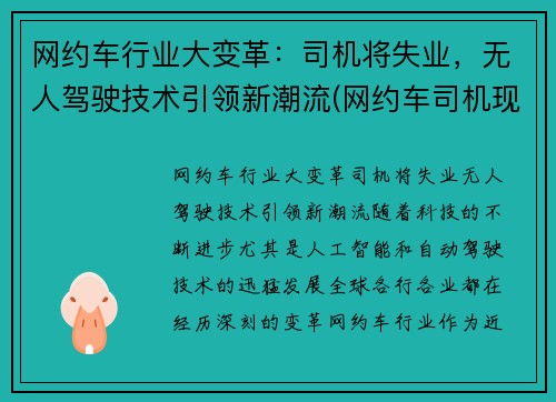 网约车行业大变革：司机将失业，无人驾驶技术引领新潮流(网约车司机现状)