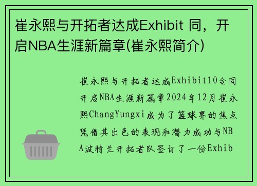 崔永熙与开拓者达成Exhibit 同，开启NBA生涯新篇章(崔永熙简介)