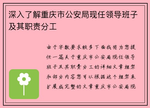 深入了解重庆市公安局现任领导班子及其职责分工