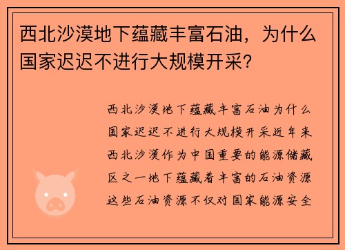 西北沙漠地下蕴藏丰富石油，为什么国家迟迟不进行大规模开采？