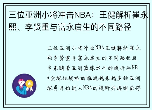 三位亚洲小将冲击NBA：王健解析崔永熙、李贤重与富永启生的不同路径