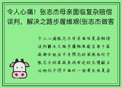 令人心痛！张志杰母亲面临复杂赔偿谈判，解决之路步履维艰(张志杰做客节目)