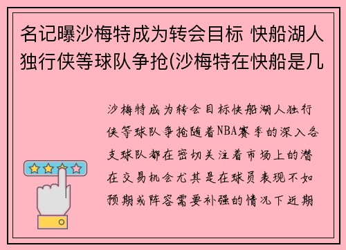 名记曝沙梅特成为转会目标 快船湖人独行侠等球队争抢(沙梅特在快船是几号球衣)